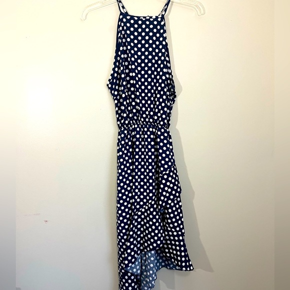 Claudia G Sleeveless Asymmetric‎ HalterTop Dress Womens M Navy White Dot NWOT - Picture 3 of 14